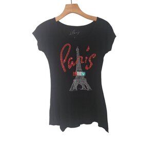Paris Eiffel Tower Sequin Blouse France Black Cap Sleeve Fashion Top Youth Large